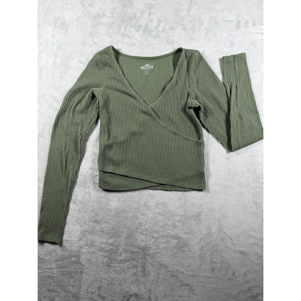 Hollister Women Small Ribbed Wrap Top Olive Green Long Sleeve Fitted Crop V-Neck